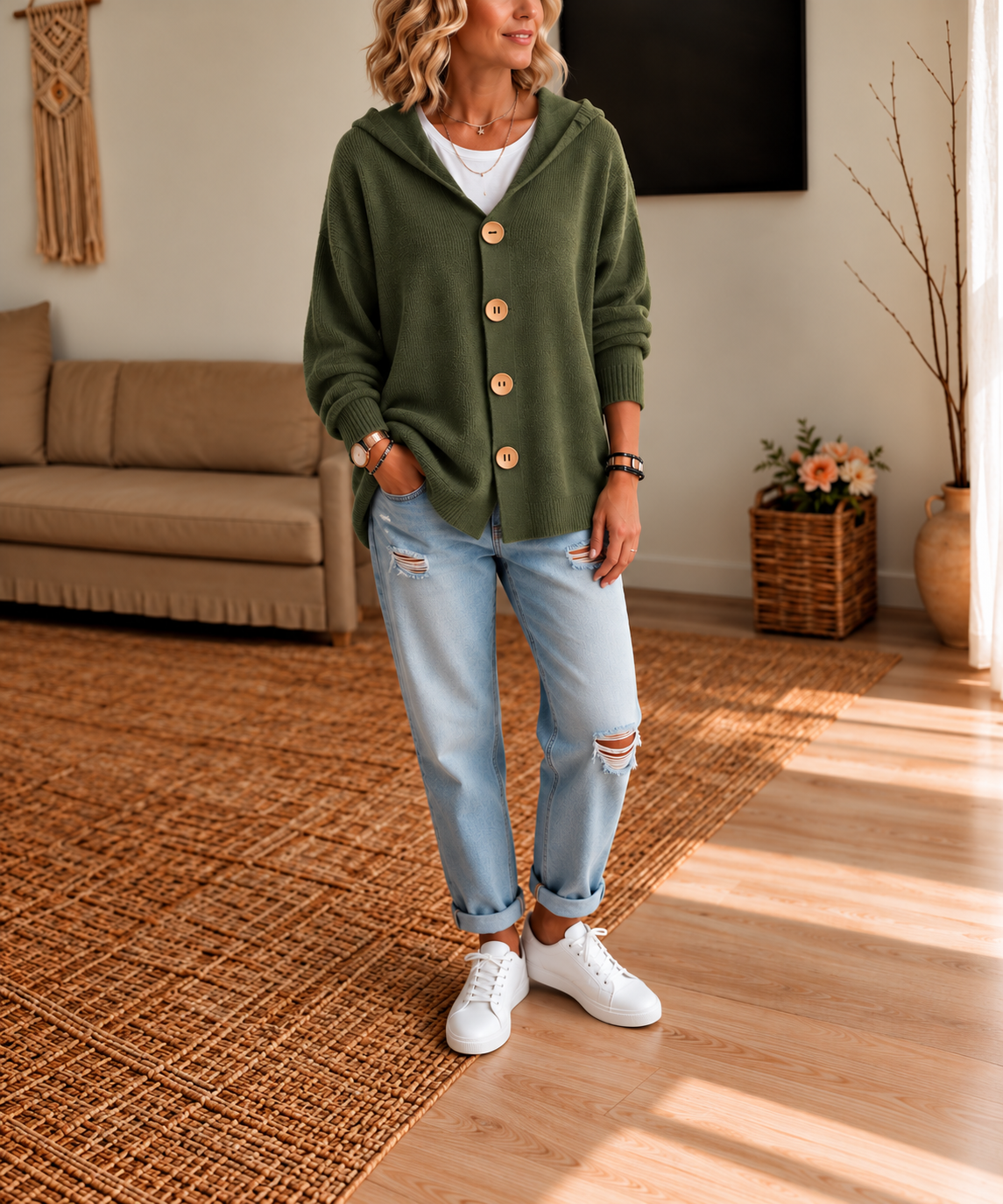 Women's Hooded Waffle Knit Button-Front Cardigan