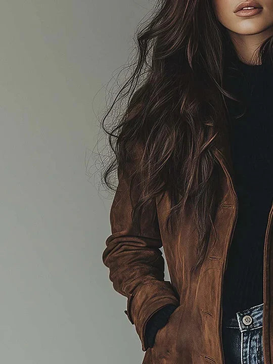 Women's Faux Suede Trench Coat with Button Front