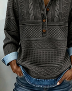 Women's Half-Button Sweatshirt with Denim-Look Collar