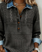Women's Half-Button Sweatshirt with Denim-Look Collar