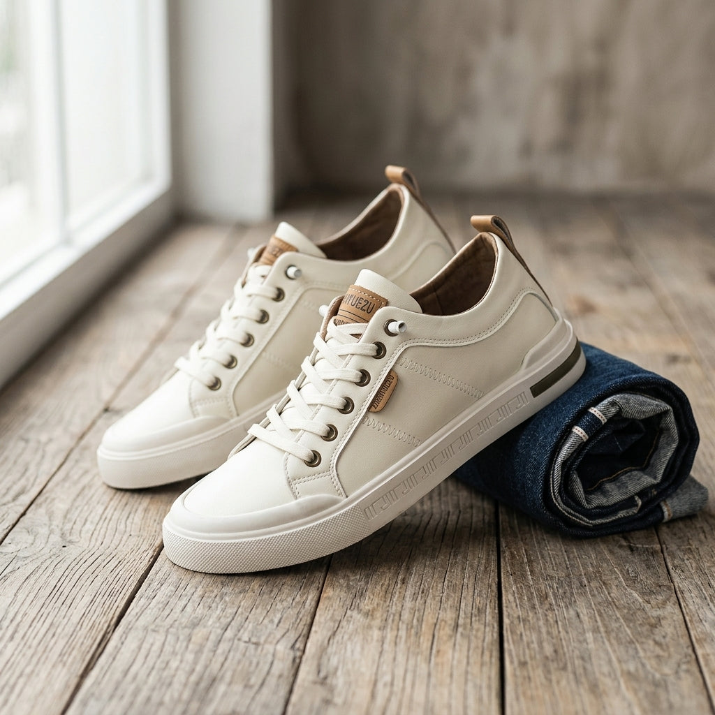 Men's Leather Lace-Up Sneakers with Raised Soles