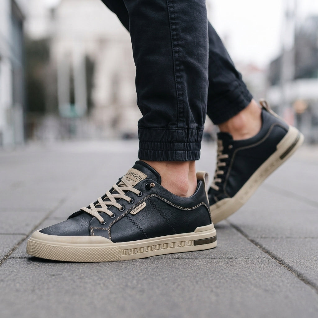 Men's Leather Lace-Up Sneakers with Raised Soles