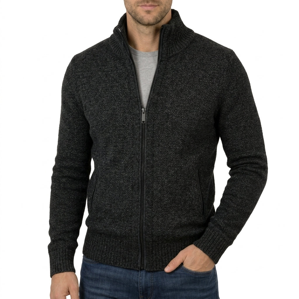 Men's Merino Wool Full-Zip Sweater with Stand Collar