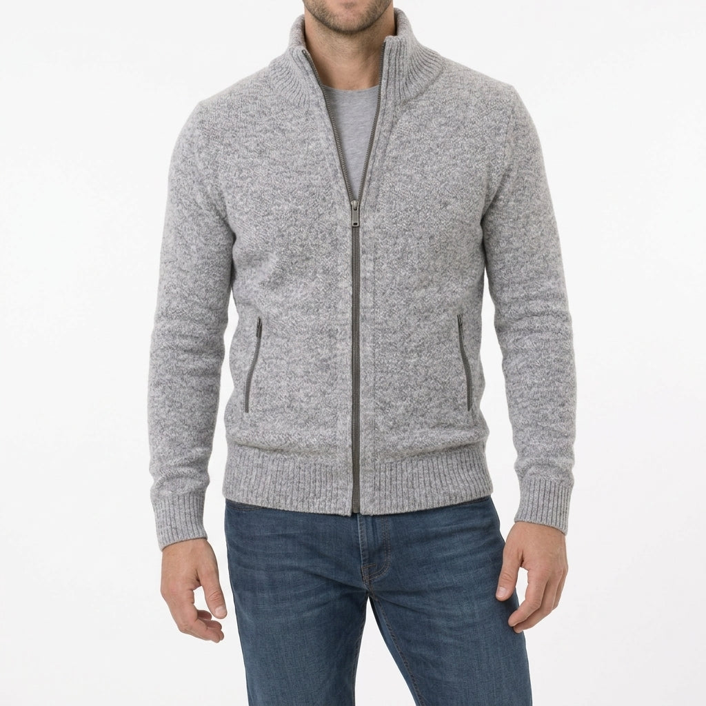 Men's Merino Wool Full-Zip Sweater with Stand Collar