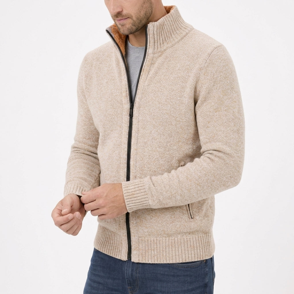 Men's Merino Wool Full-Zip Sweater with Stand Collar