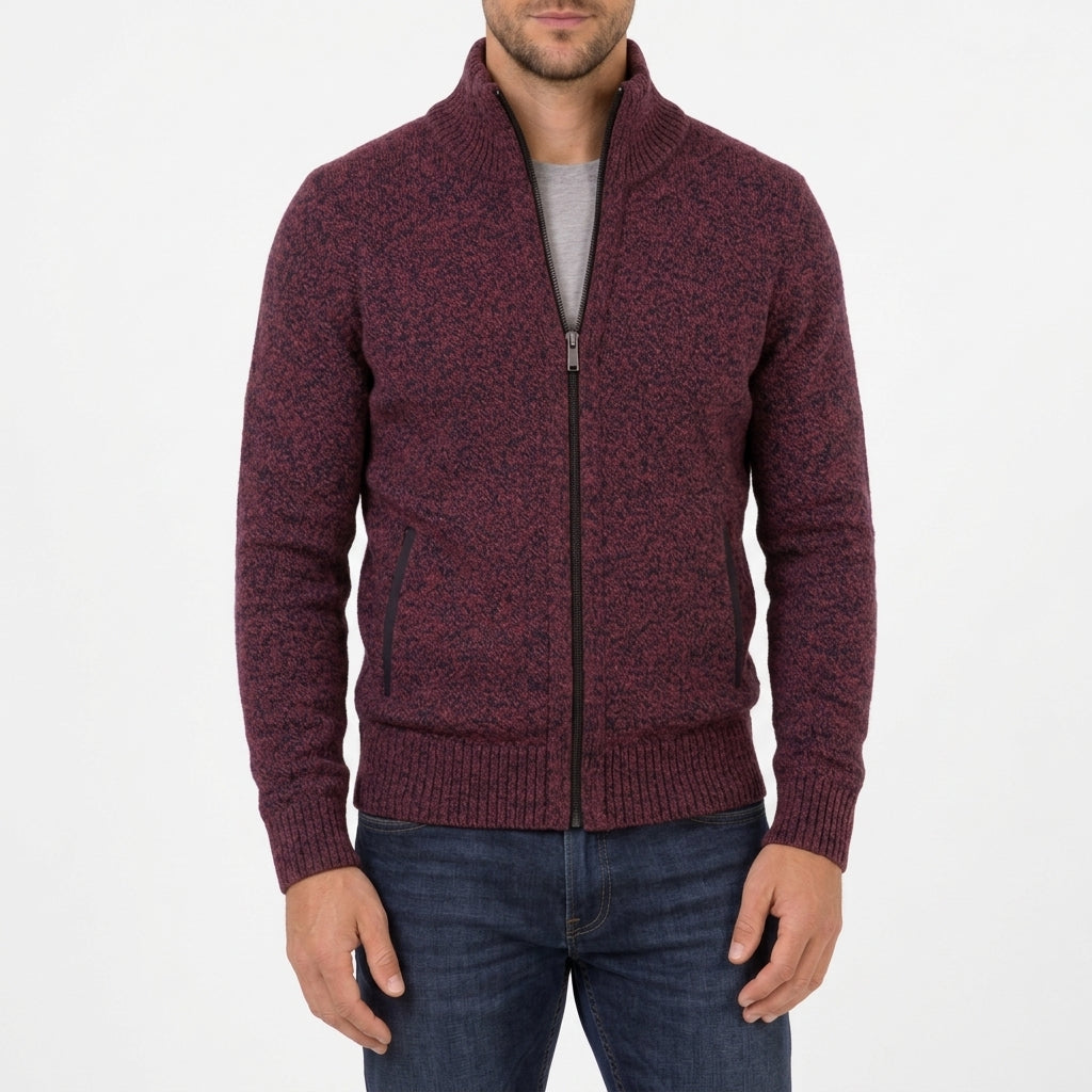Men's Merino Wool Full-Zip Sweater with Stand Collar