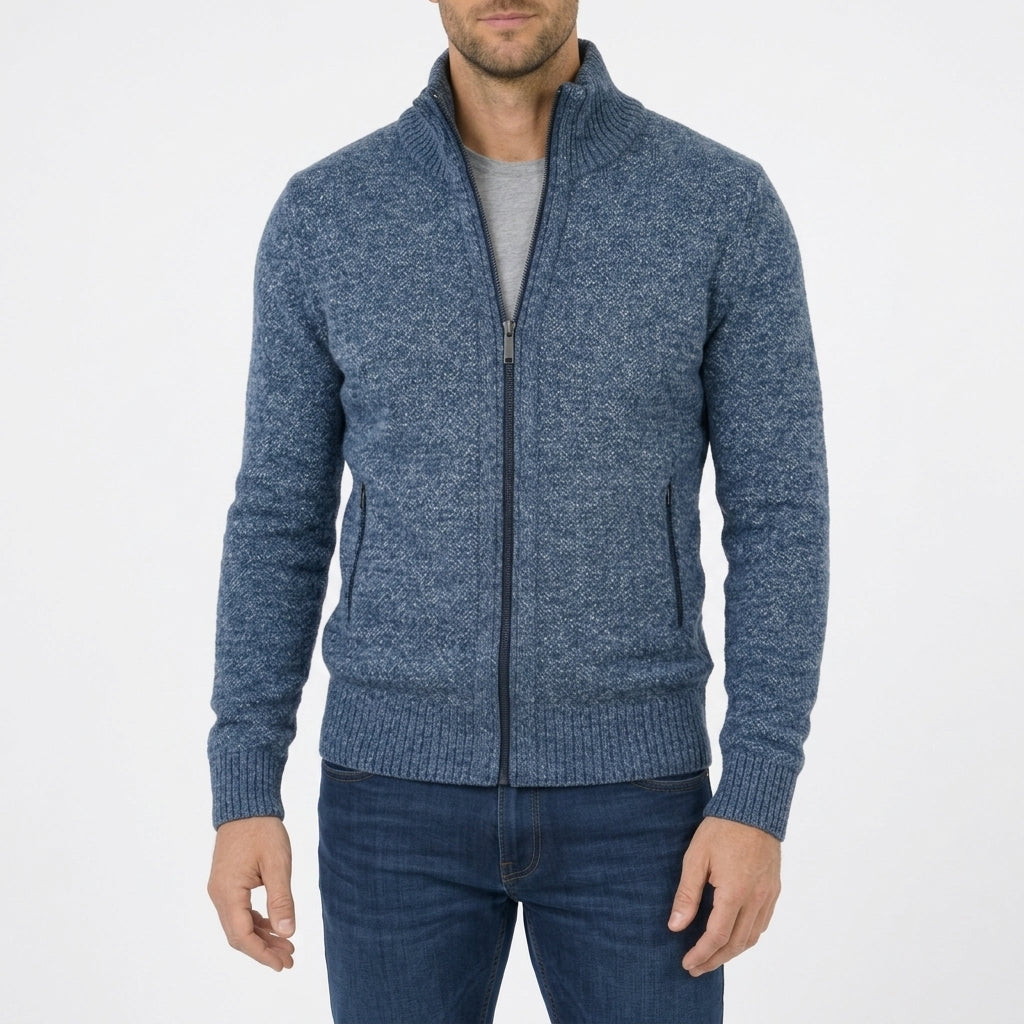 Men's Merino Wool Full-Zip Sweater with Stand Collar