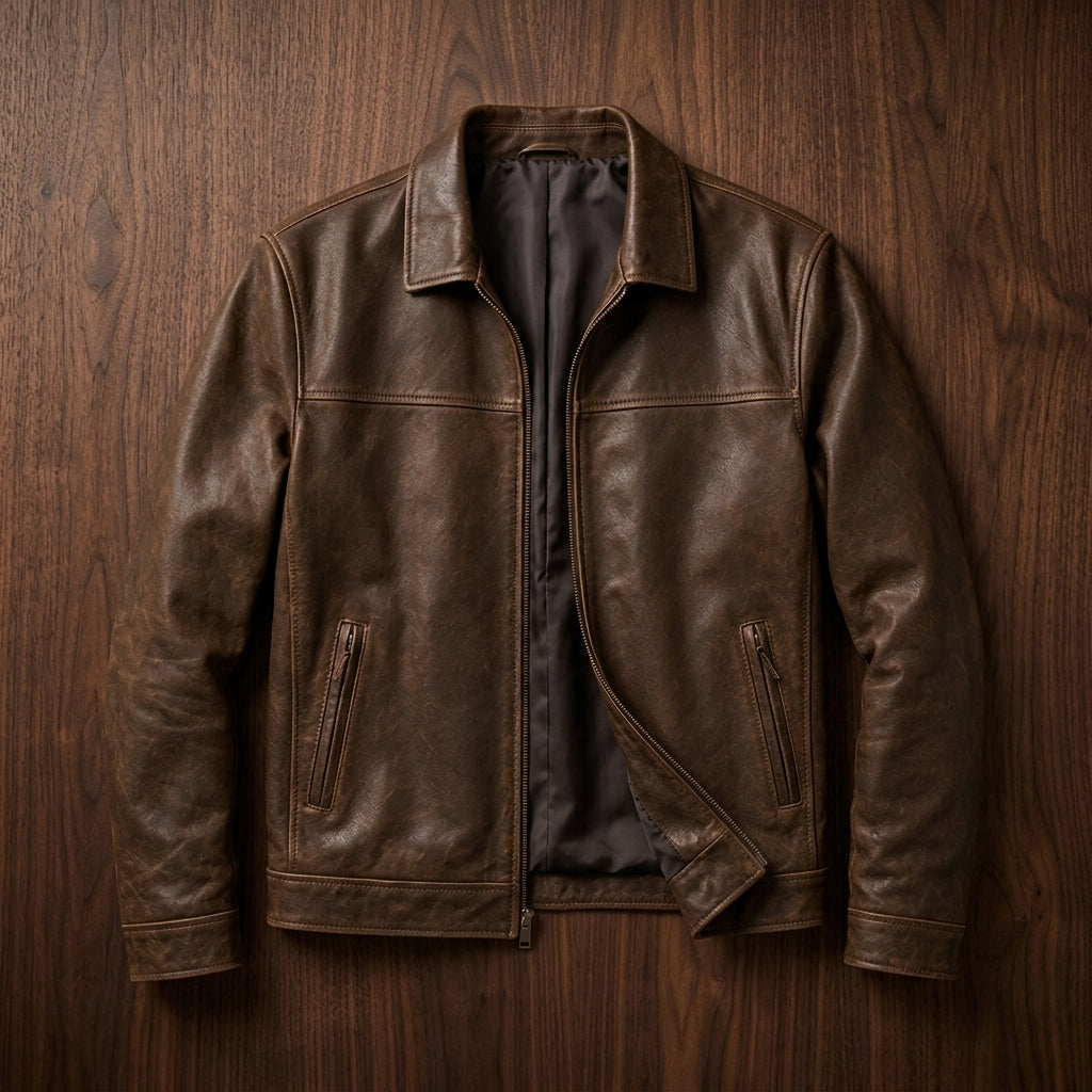 Men's Relaxed Leather Zip-Up Flight Jacket