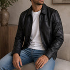 Men's Relaxed Leather Zip-Up Flight Jacket