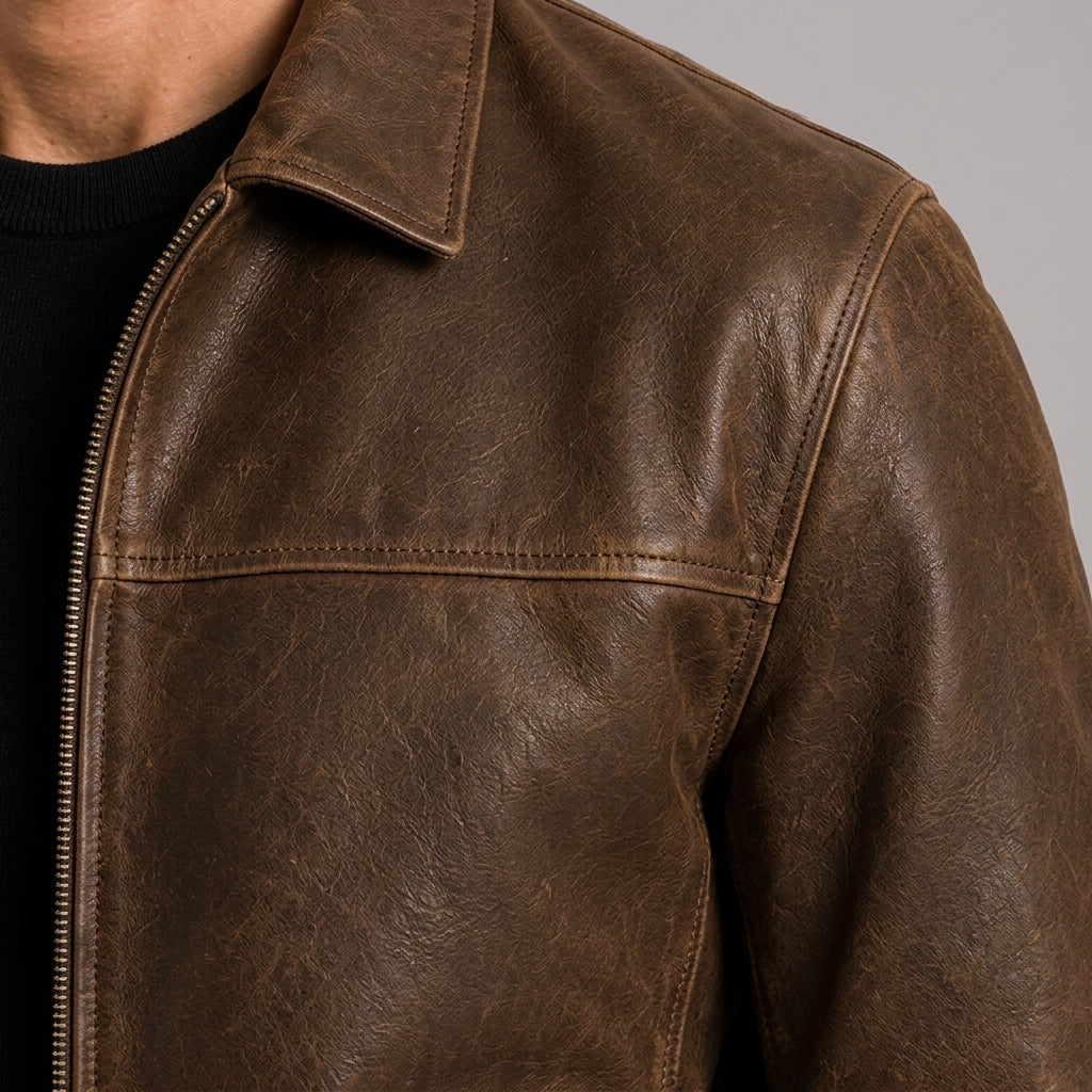 Men's Relaxed Leather Zip-Up Flight Jacket
