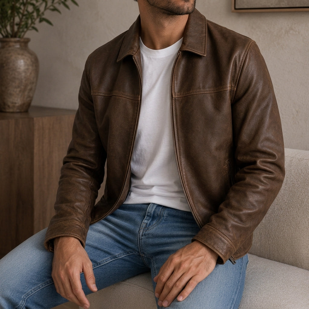 Men's Relaxed Leather Zip-Up Flight Jacket