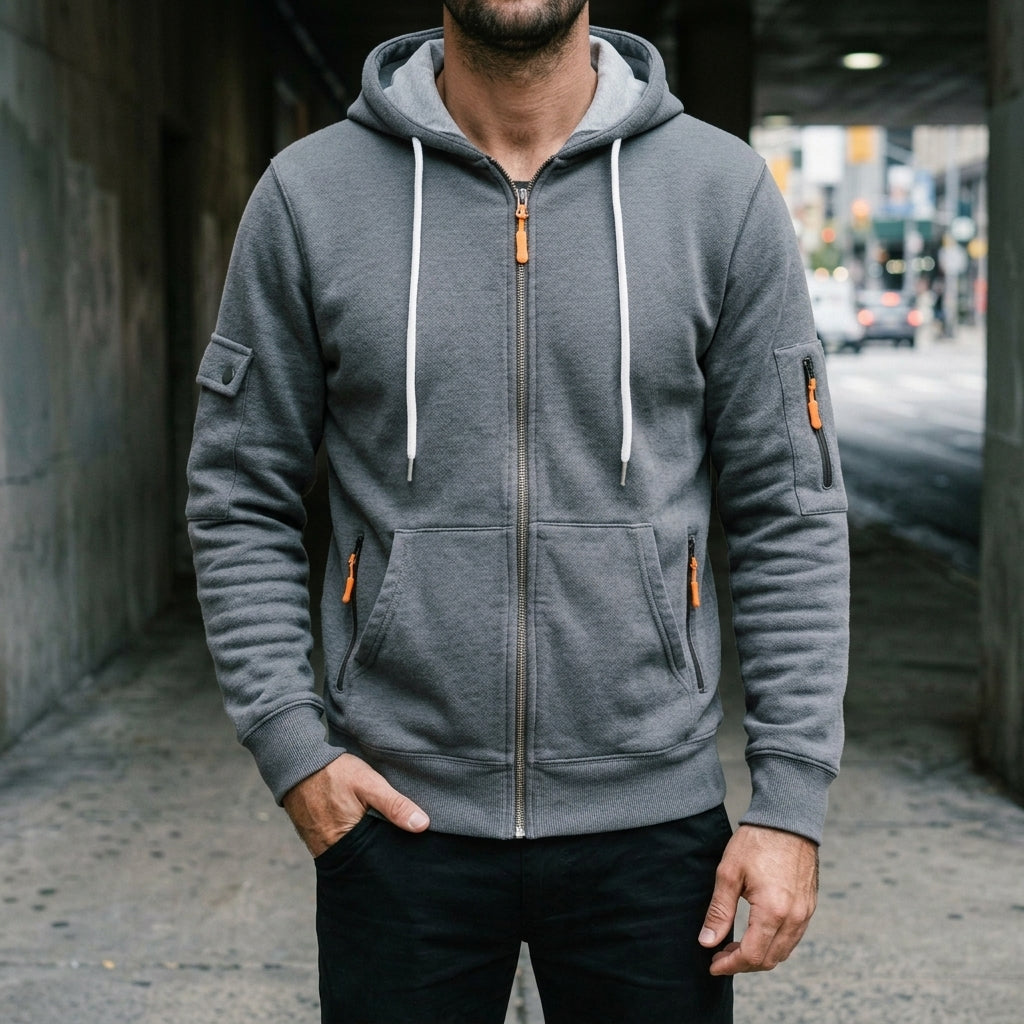 Men's Cotton Zip-Up Hoodie with Utility Pockets