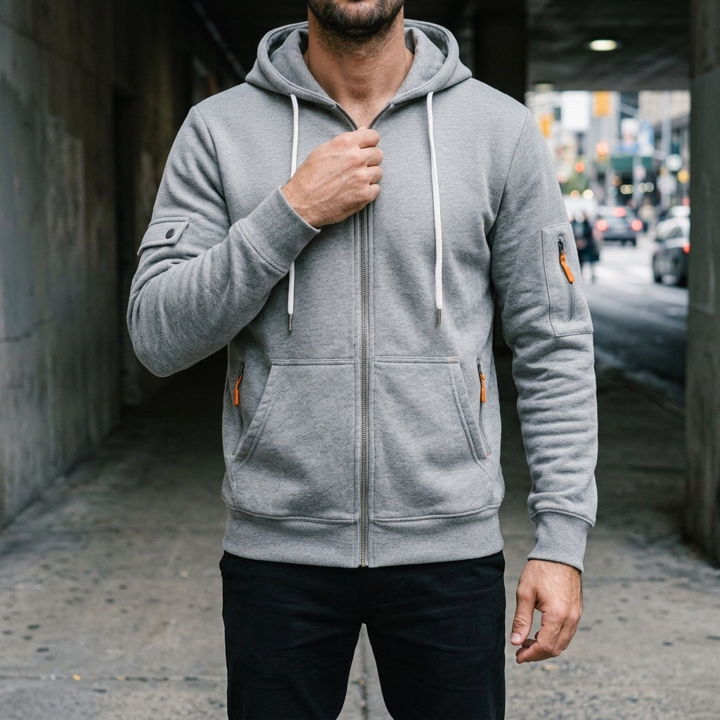 Men's Cotton Zip-Up Hoodie with Utility Pockets