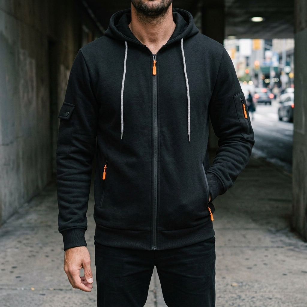 Men's Cotton Zip-Up Hoodie with Utility Pockets