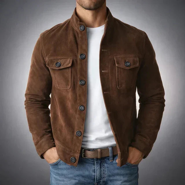 Men's Suede Button-Front Jacket with Stand Collar
