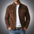 Men's Suede Button-Front Jacket with Stand Collar