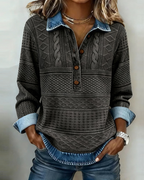 Women's Half-Button Sweatshirt with Denim-Look Collar