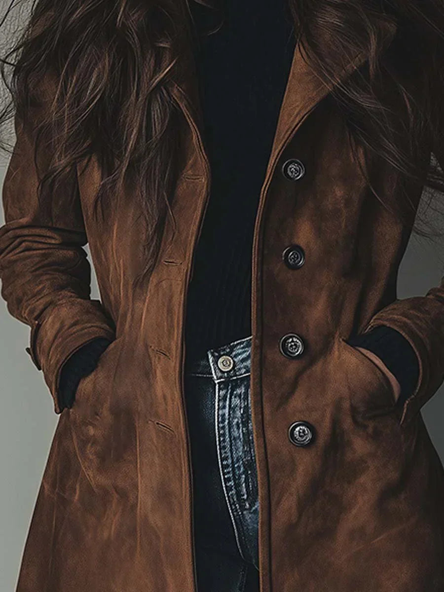 Women's Faux Suede Trench Coat with Button Front