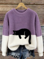 Women's Colorblock Cat Crew Neck Sweater