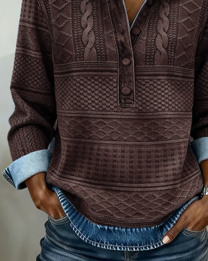 Women's Half-Button Sweatshirt with Denim-Look Collar