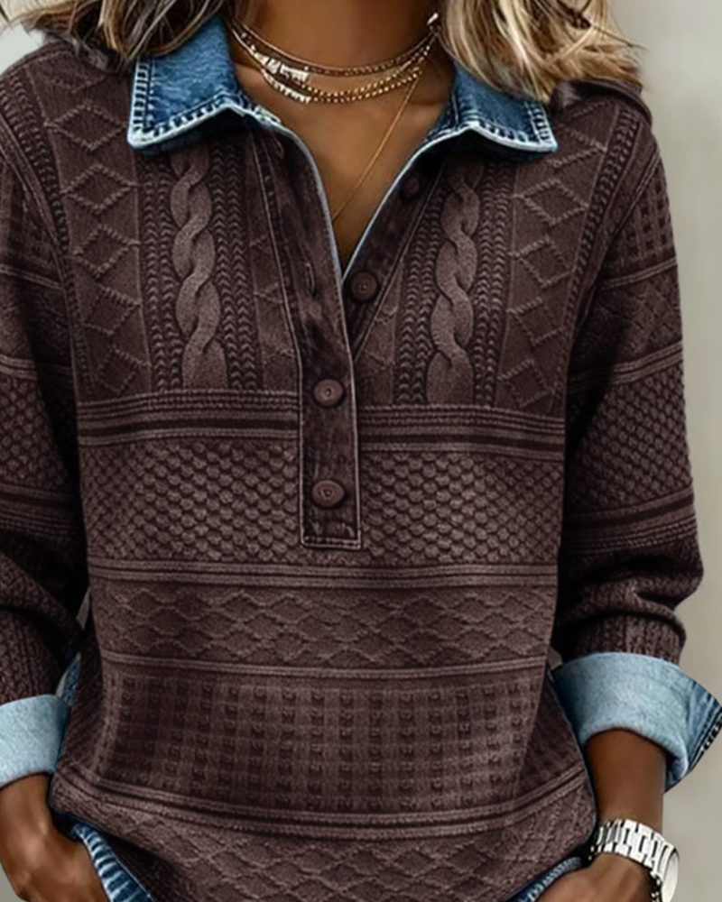 Women's Half-Button Sweatshirt with Denim-Look Collar