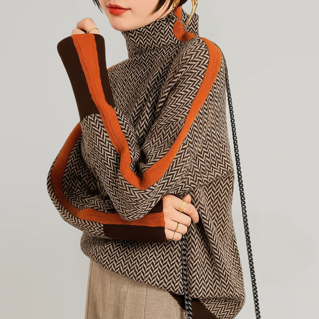 Women's High-Neck Knit Pullover with Contrast Sleeve Stripes