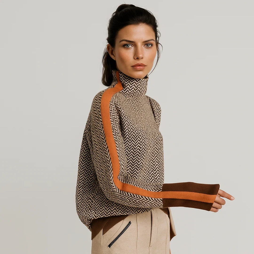 Women's High-Neck Knit Pullover with Contrast Sleeve Stripes
