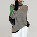 Women's High-Neck Knit Pullover with Contrast Sleeve Stripes