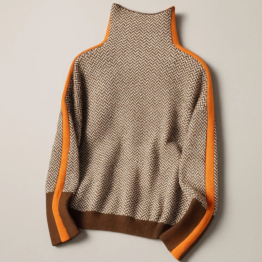 Women's High-Neck Knit Pullover with Contrast Sleeve Stripes