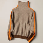 Women's High-Neck Knit Pullover with Contrast Sleeve Stripes