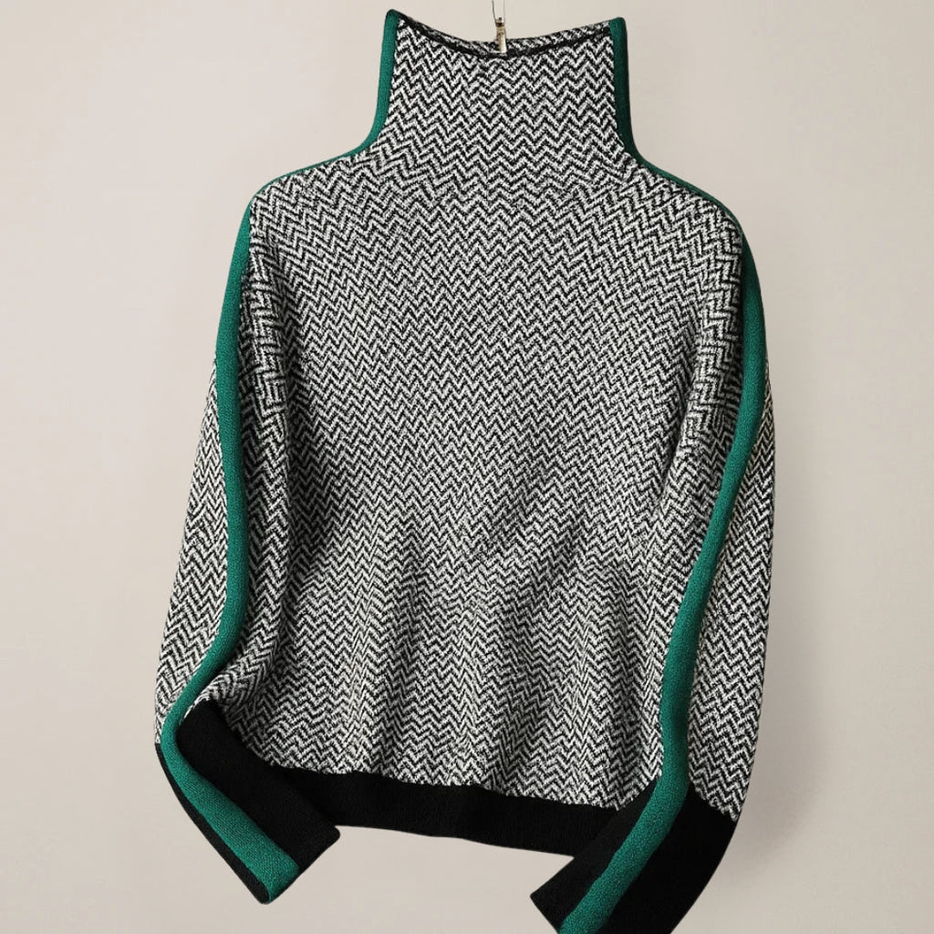 Women's High-Neck Knit Pullover with Contrast Sleeve Stripes