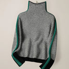 Women's High-Neck Knit Pullover with Contrast Sleeve Stripes