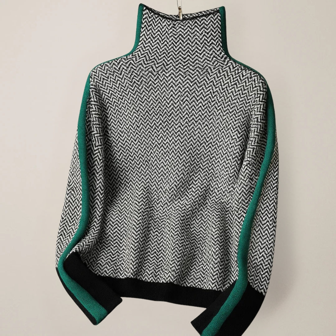 Women's High-Neck Knit Pullover with Contrast Sleeve Stripes