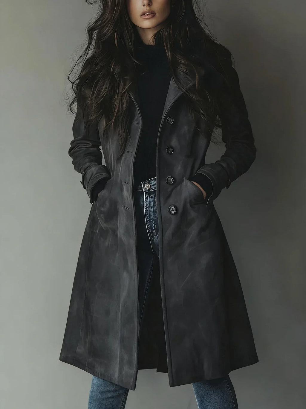 Women's Faux Suede Trench Coat with Button Front