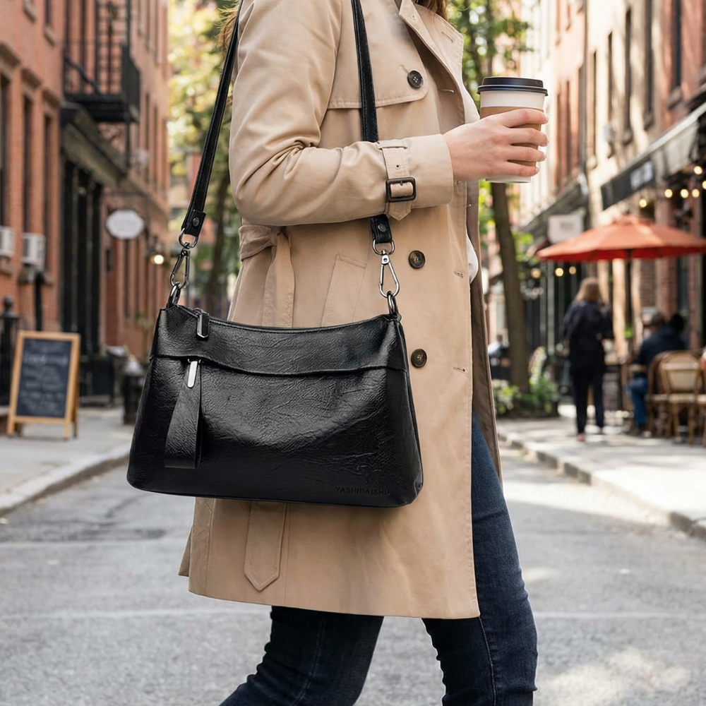 Women's Faux Leather Crossbody Bag with Three Compartments