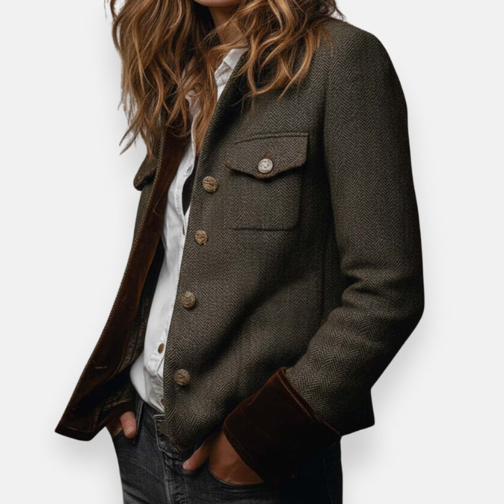 Women's Herringbone Tweed Jacket with Stand Collar