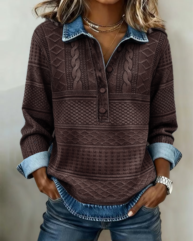Women's Half-Button Sweatshirt with Denim-Look Collar
