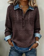 Women's Half-Button Sweatshirt with Denim-Look Collar