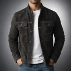 Men's Suede Button-Front Jacket with Stand Collar