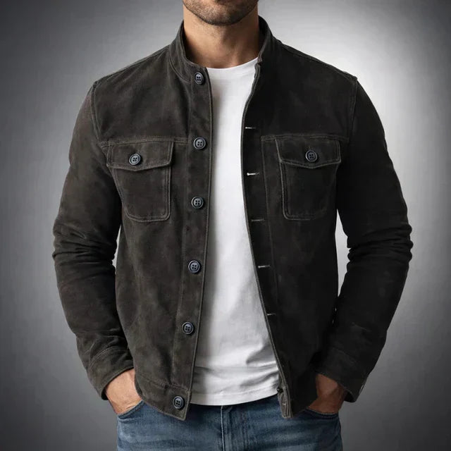 Men's Suede Button-Front Jacket with Stand Collar