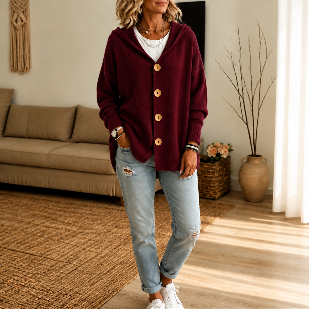 Women's Hooded Waffle Knit Button-Front Cardigan
