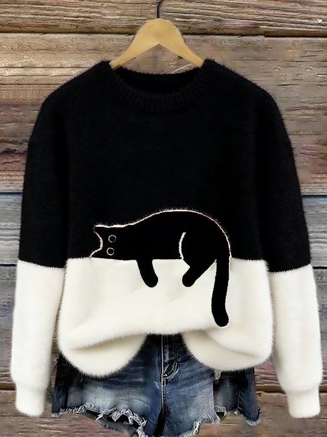 Women's Colorblock Cat Crew Neck Sweater