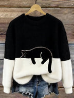 Women's Colorblock Cat Crew Neck Sweater
