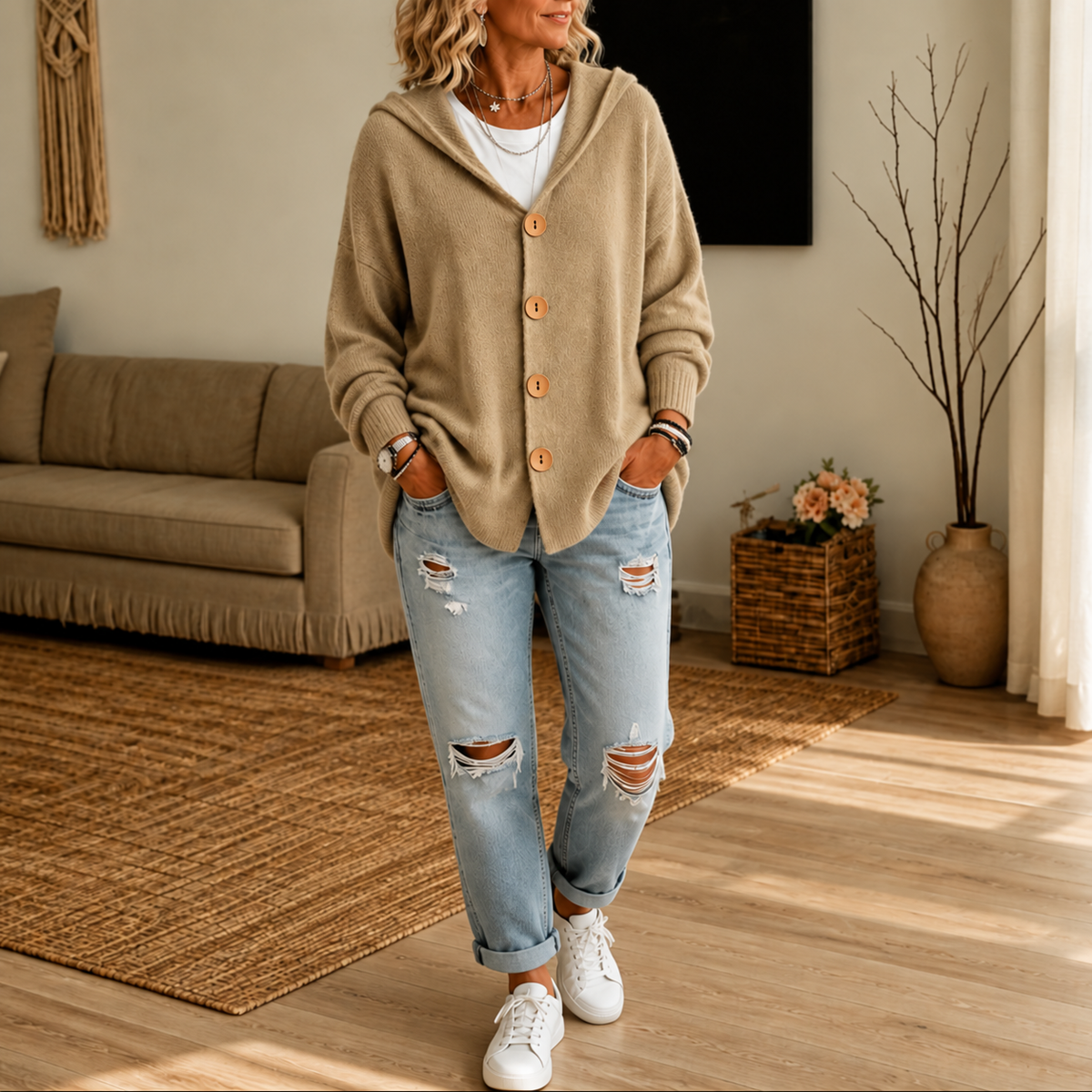 Women's Hooded Waffle Knit Button-Front Cardigan