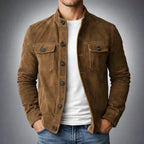 Men's Suede Button-Front Jacket with Stand Collar