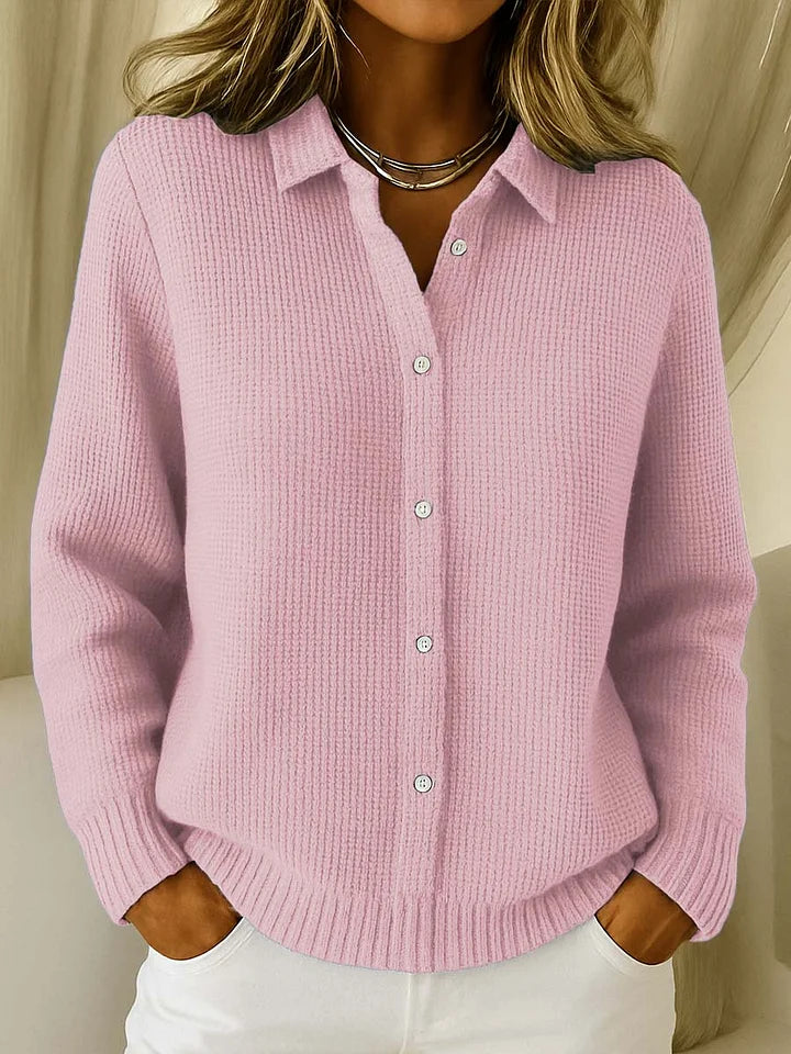 Women's Ribbed Button-Front Cardigan with Shirt Collar