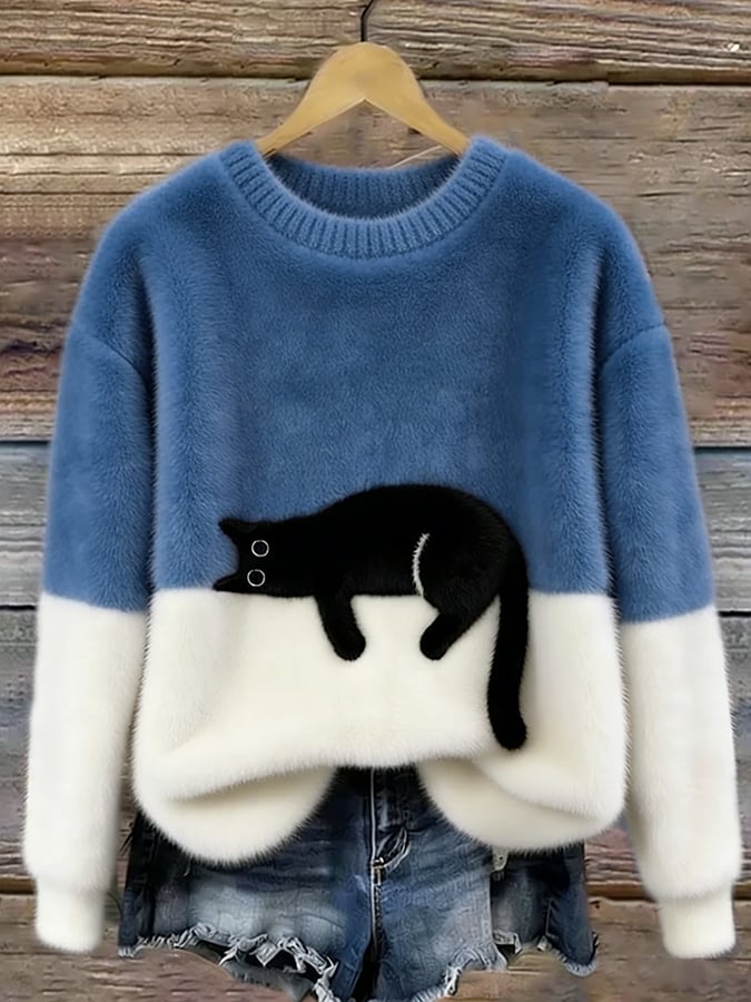 Women's Colorblock Cat Crew Neck Sweater