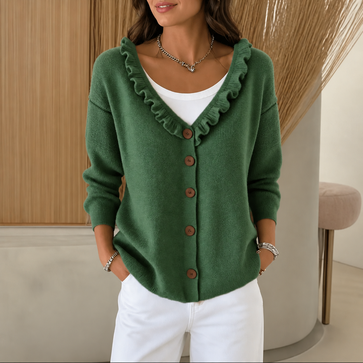 Women's Ruffle Collar Button-Front Knit Cardigan