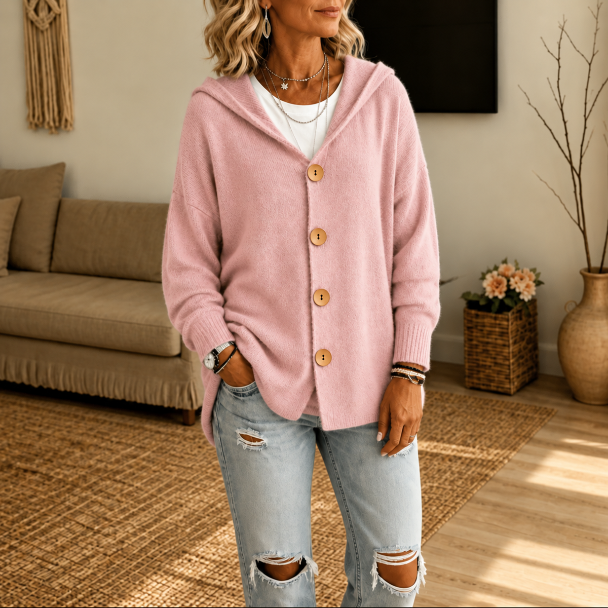 Women's Hooded Waffle Knit Button-Front Cardigan