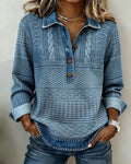 Women's Half-Button Sweatshirt with Denim-Look Collar